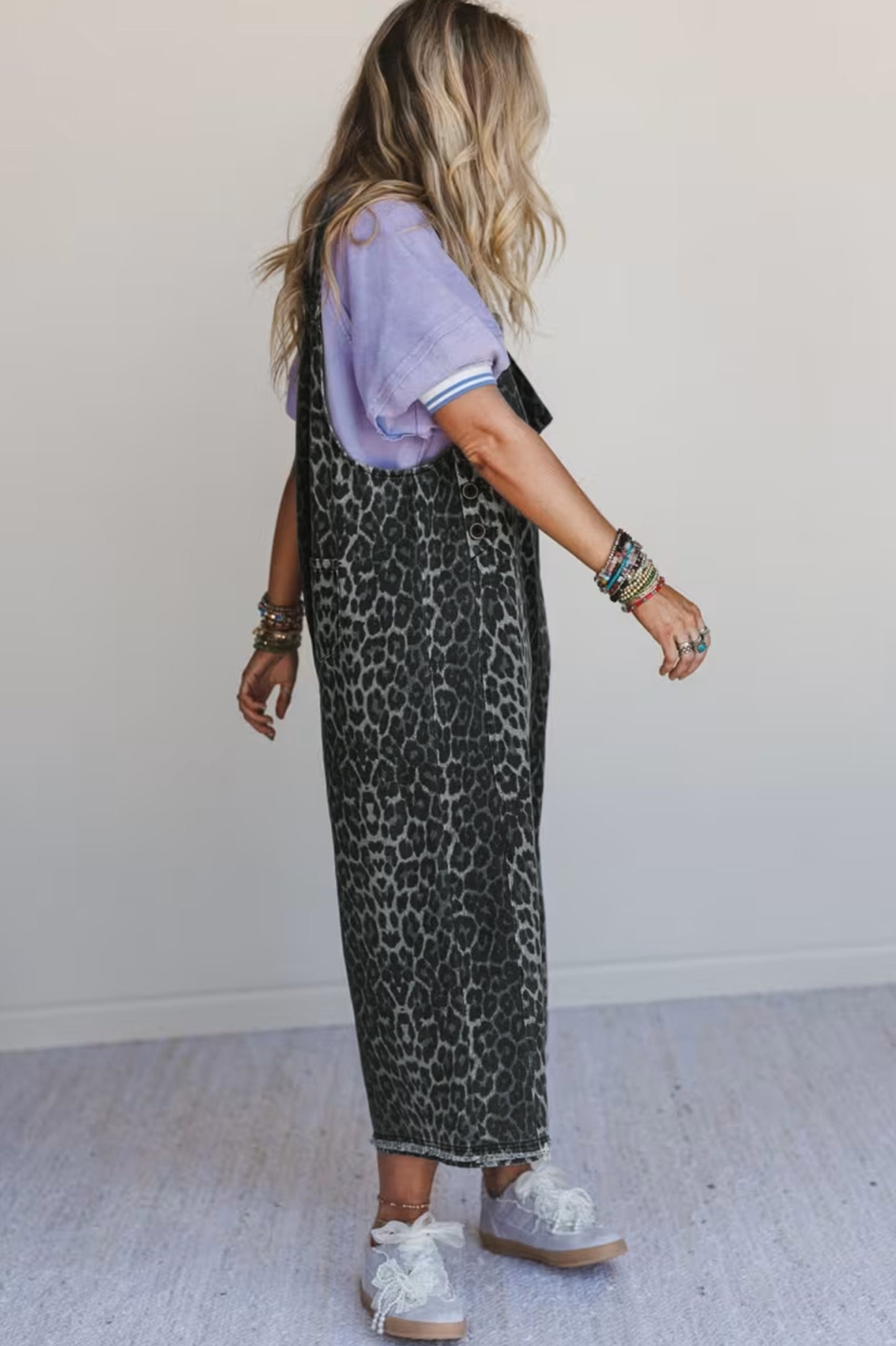 Gray Leopard Print Button Adjustable Straps Cropped Loose Denim Overalls