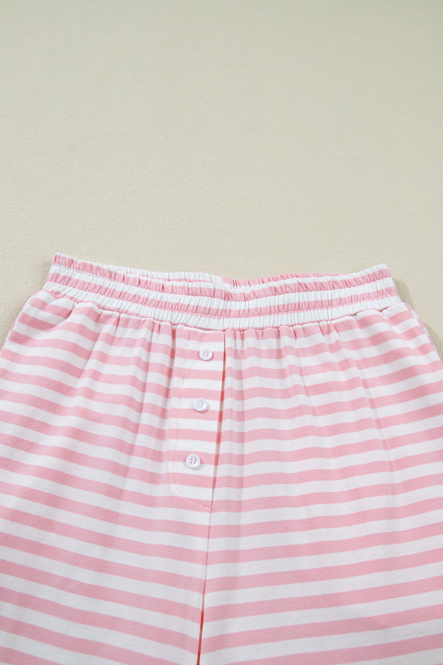 Pink Stripe Drop Shoulder Round Neck Top and Buttoned Straight Pants Two Piece Set