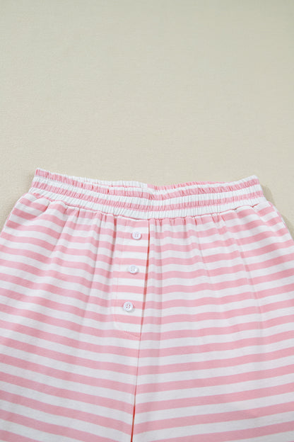 Pink Stripe Drop Shoulder Round Neck Top and Buttoned Straight Pants Two Piece Set