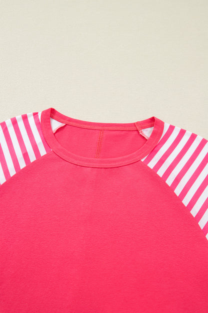 Strawberry Pink Heart Shape Striped Patchwork Long Sleeve Loose Top