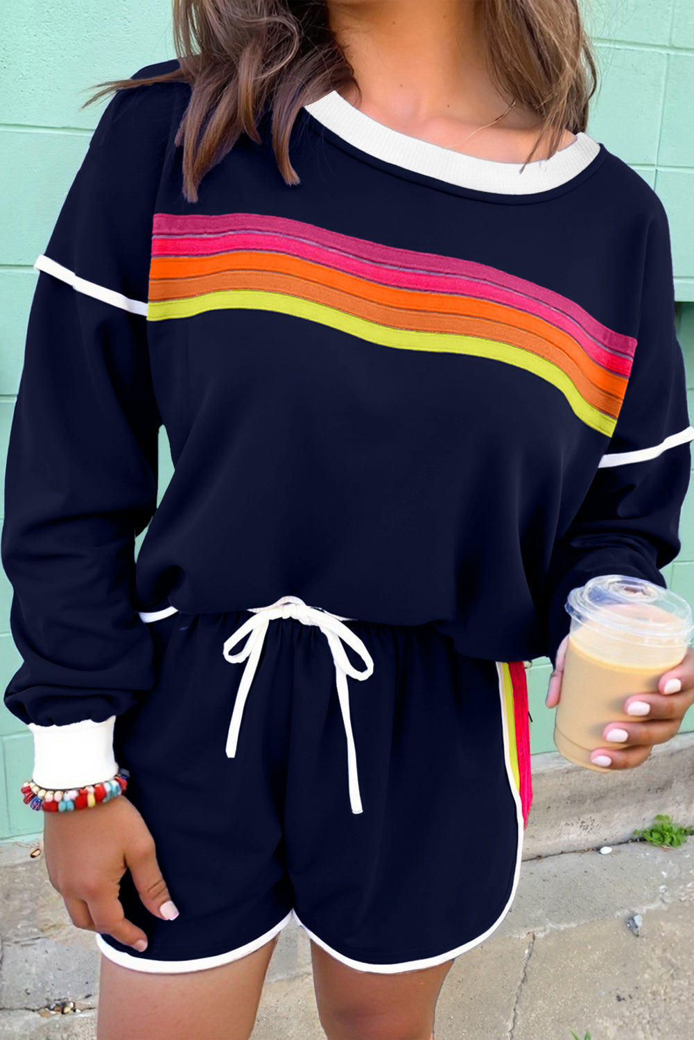 Bluing Colorful Striped Accent Varsity Long Sleeve Pullover and Shorts Matching Set
