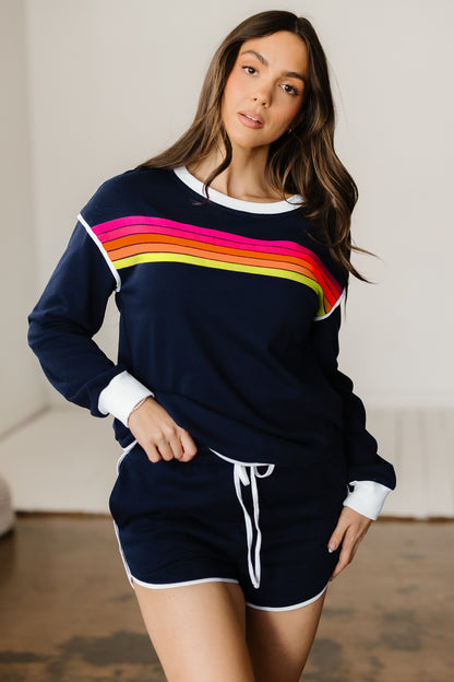 Bluing Colorful Striped Accent Varsity Long Sleeve Pullover and Shorts Matching Set