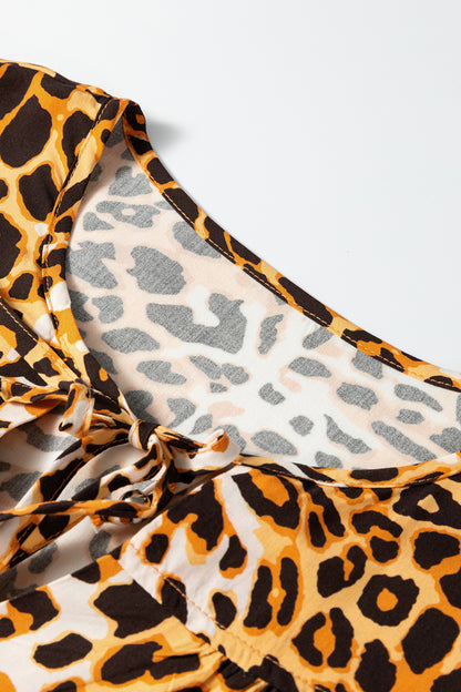 Leopard Print Short Puff Sleeve Slit Neck Babydoll Blouse