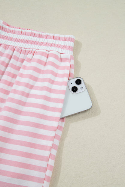 Pink Stripe Drop Shoulder Round Neck Top and Buttoned Straight Pants Two Piece Set