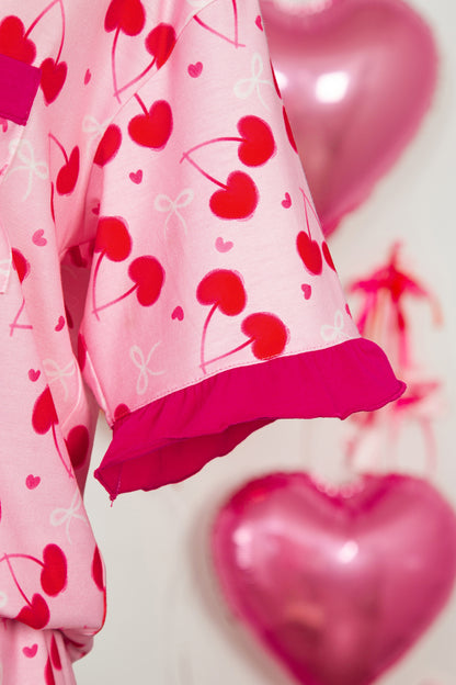 Rose Cherry Bow Mixed Print Scalloped Pajama Set