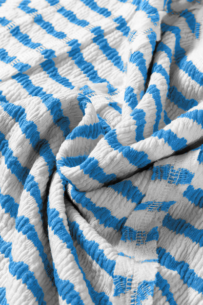 Blue Stripe Textured Short Sleeve Patchwork T Shirt