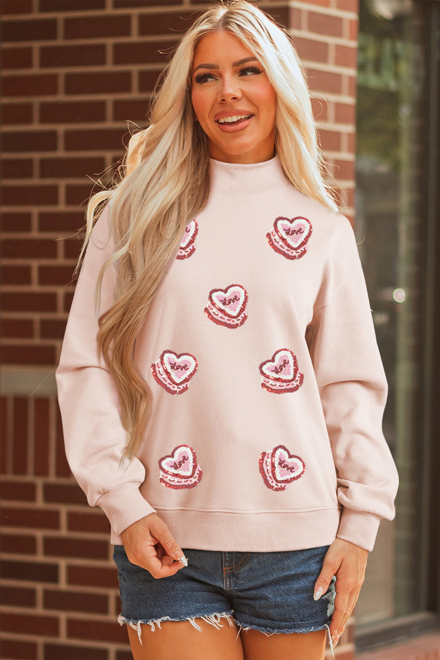 Light Pink Sequin Heart Patched Love Cake Mock Neck Sweatshirt