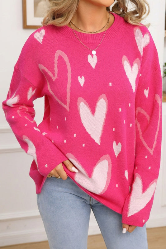 Rose Red Splendid Heart Print Valentines Day Sweater