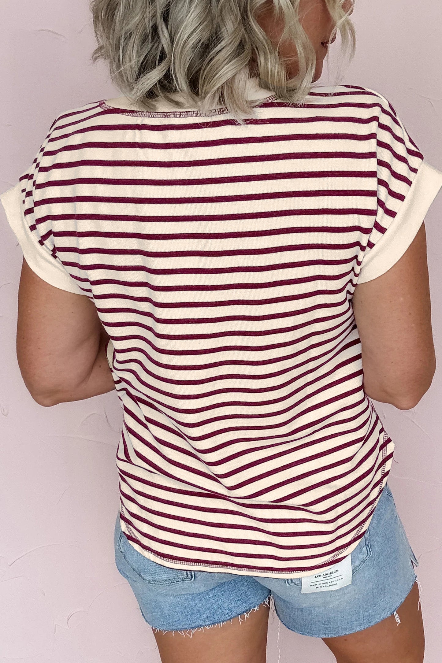 Red Stripe Half Buttons Round Neck T Shirt