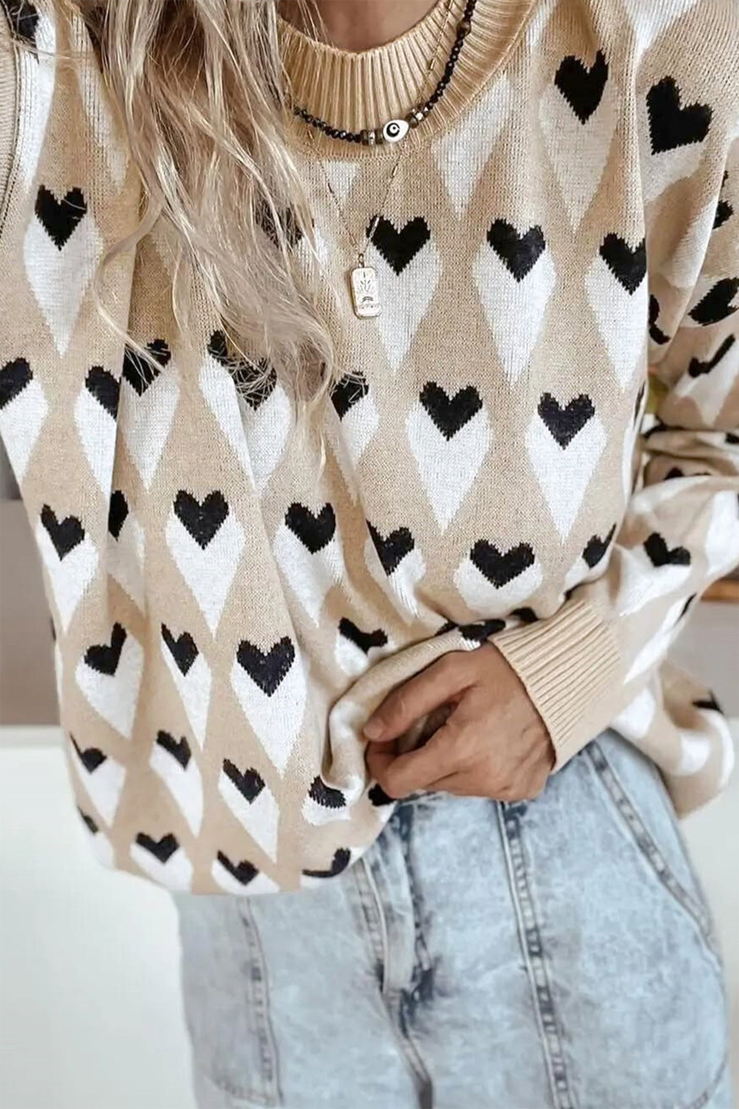 Parchment Geometric Heart Print Ribbed Trim Loose Sweater