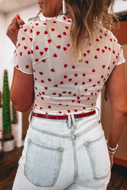 Red Allover Heart Print Mesh Short Sleeve Top