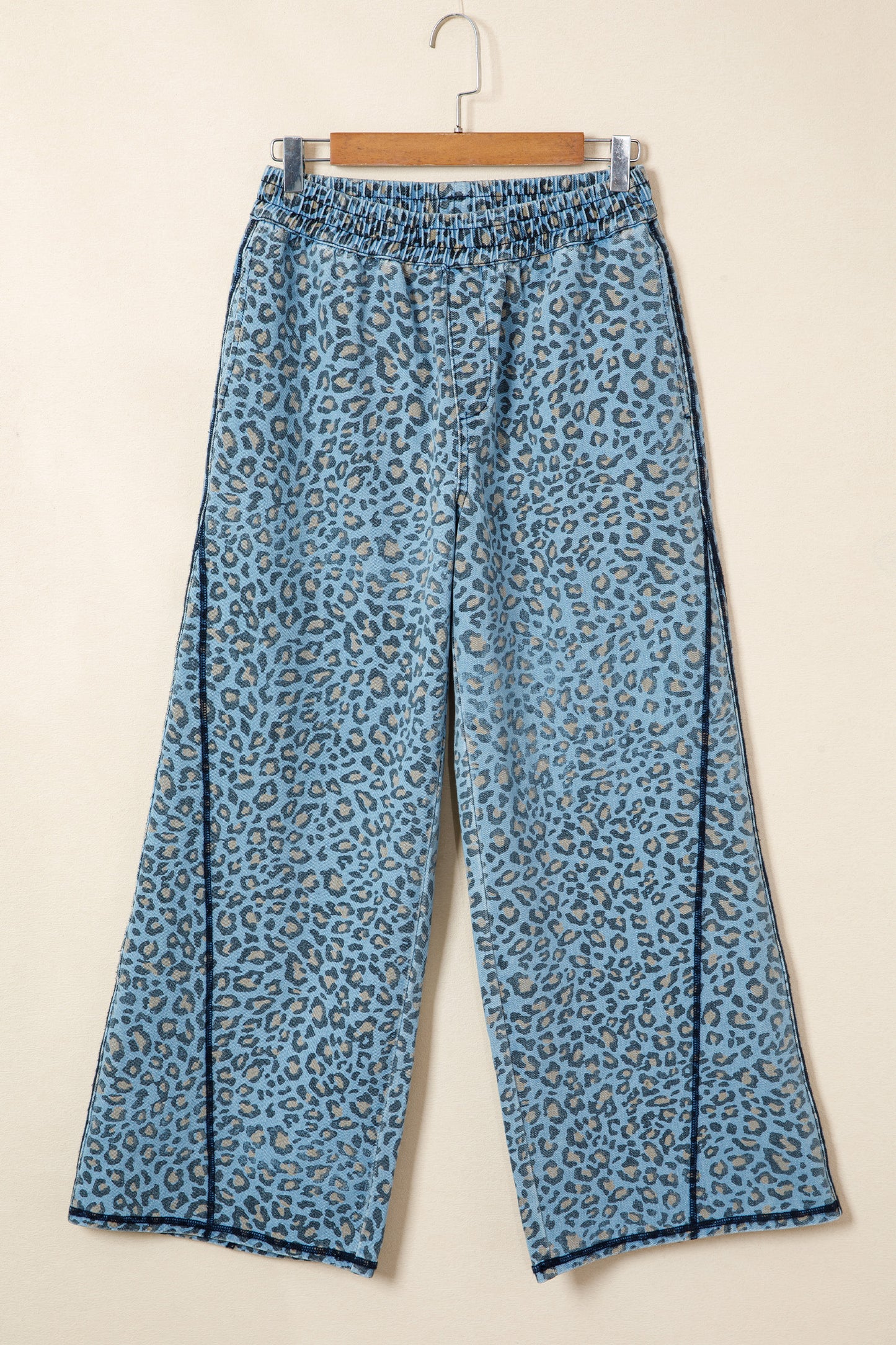 Blue Leopard Print Exposed Seam Detail Wide Leg Drawstring Jeans