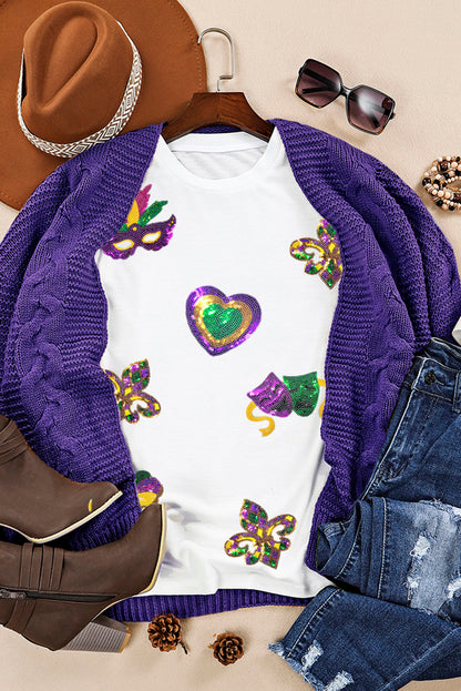 White Sequin Mardi Gras Symbol Tee