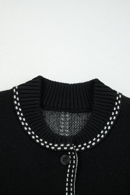 Black Contrast Trim Button up Sweater Cardigan