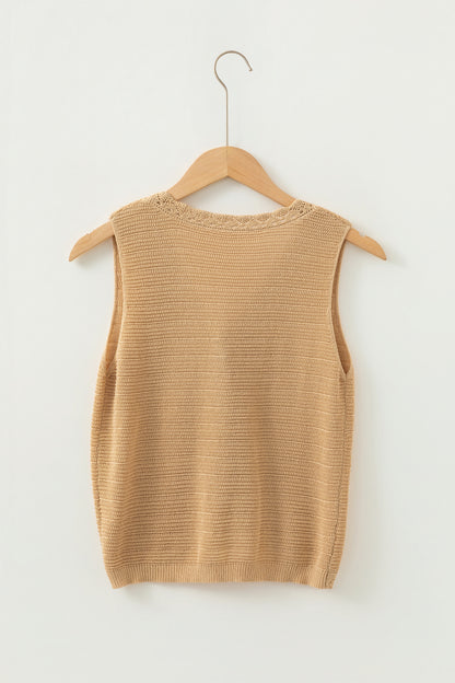 Pale Khaki Hollow out Trim Buttoned Front Boho Sweater Vest