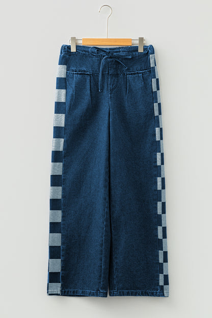 Sail Blue Checkered Side Panel Patchwork Drawstring Loose Denim Pants