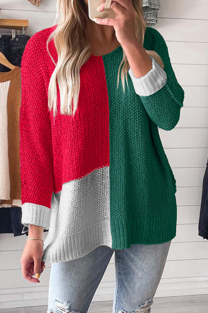 Evergreen Color Block Knit V Neck Loose Sweater