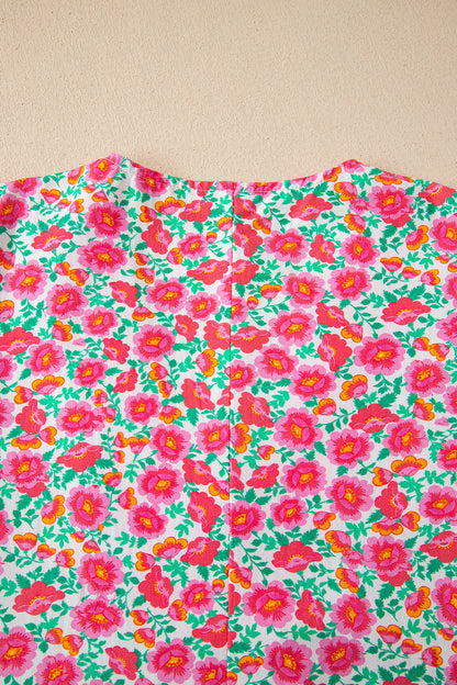 Pink Floral Print V Neck Patchwork Short Bubble Sleeve Mini Dress