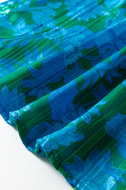 Green Floral Print Ruffled Sleeve Summer Blouse