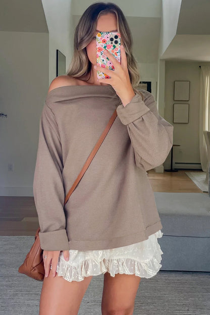 Old Rose Waffle Knit Asymmetric Neck Long Sleeve Top