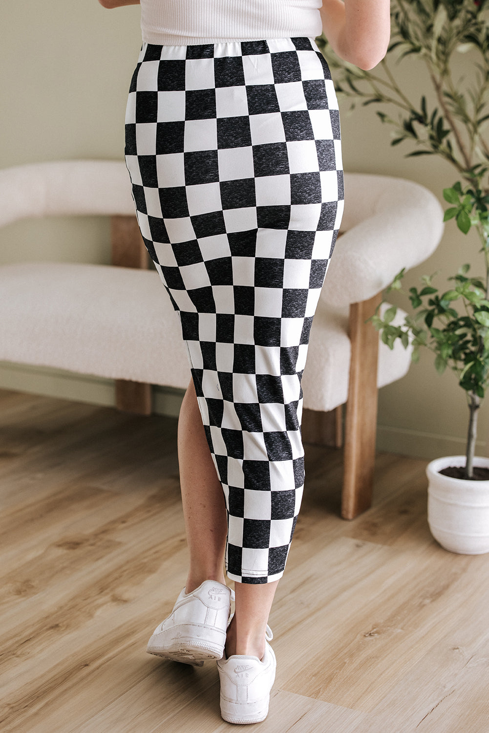 Dearlovers White Checkered Print Side Slit High Waist Midi Skirt