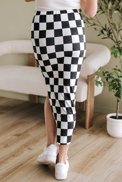 Dearlovers White Checkered Print Side Slit High Waist Midi Skirt