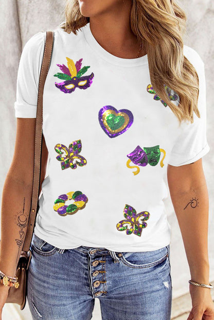 White Sequin Mardi Gras Symbol Tee