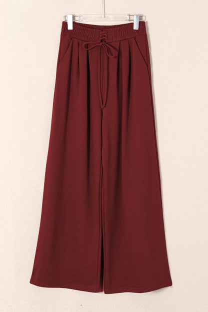Burgundy Tied Elastic High Waist Pleated Detail Solid Sweatpants