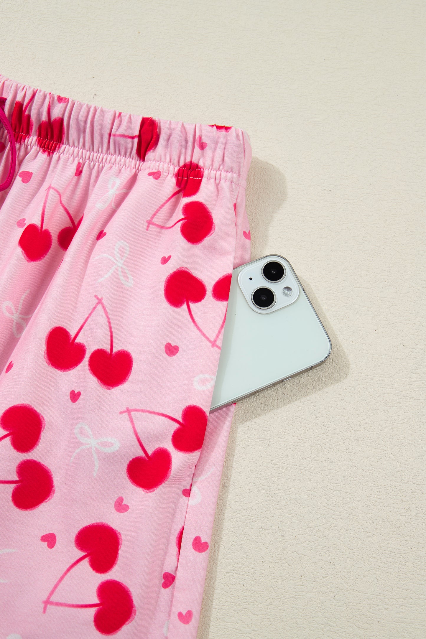 Rose Cherry Bow Mixed Print Scalloped Pajama Set