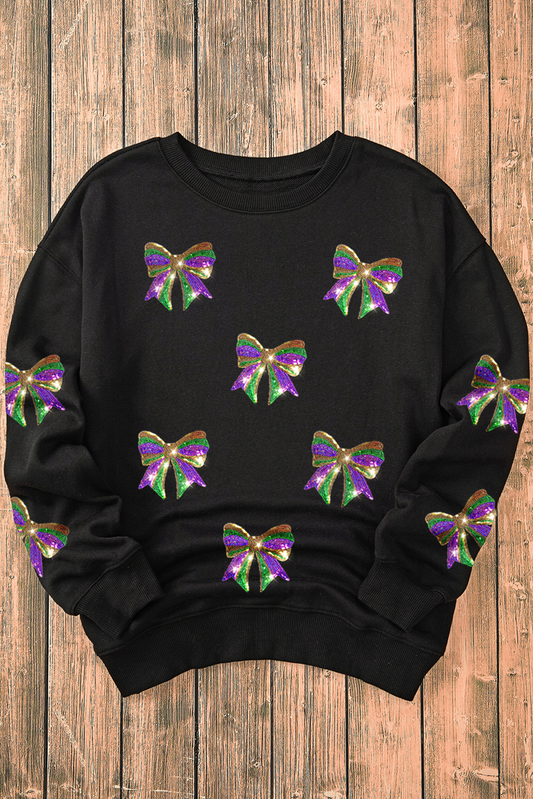 Black Sequin Mardi Gras Bow Pullover Sweatshirt