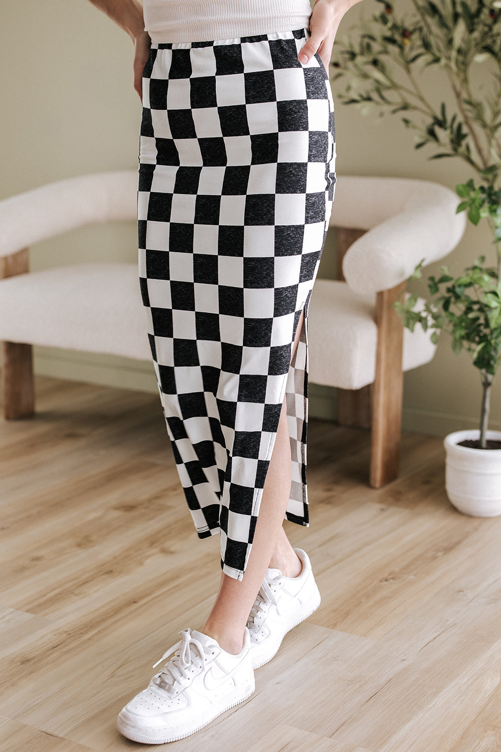 Dearlovers White Checkered Print Side Slit High Waist Midi Skirt