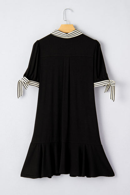 Black Stripe Detail Polo Collar Half Buttons Tied Short Sleeve Shift Mini Dress