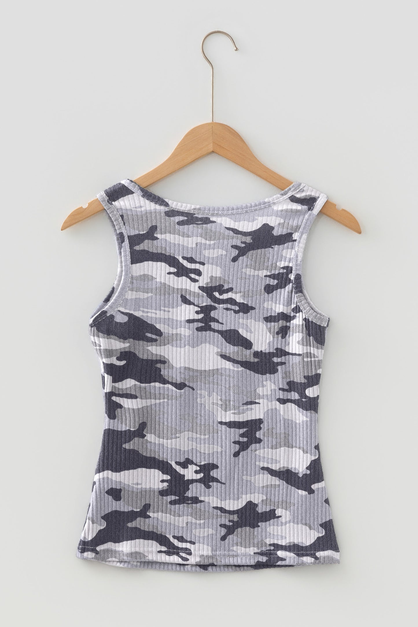Gray Camouflage Print Ribbed Knit Round Neck Tank Top
