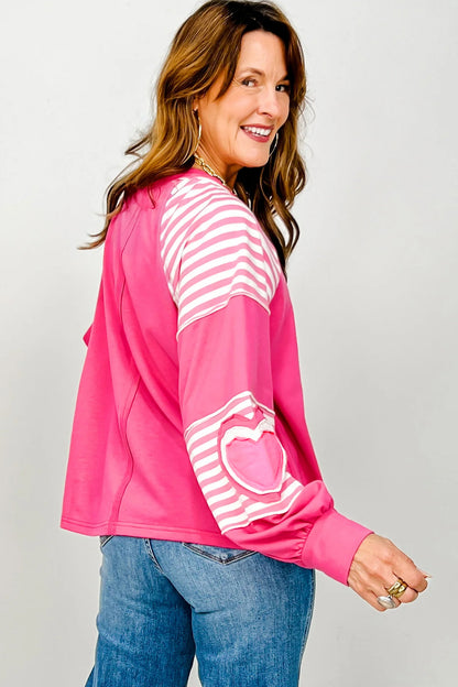 Strawberry Pink Heart Shape Striped Patchwork Long Sleeve Loose Top