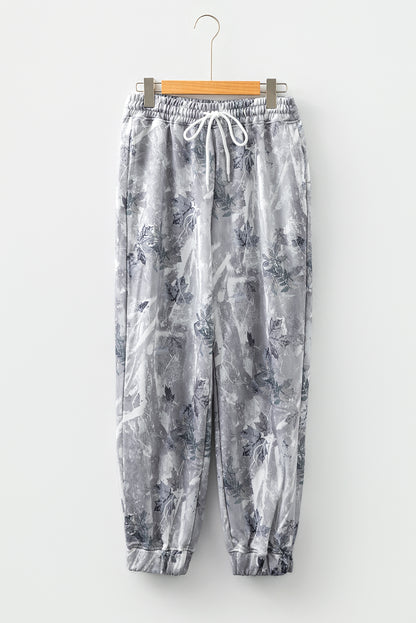 Gray Camo Print Cozy Drawstring Elastic Waist Jogger Pants