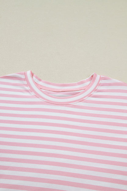 Pink Stripe Drop Shoulder Round Neck Top and Buttoned Straight Pants Two Piece Set