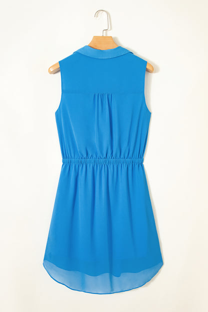 Blue Half Buttons Collared Elastic Waist Sleeveless Shirt Dress