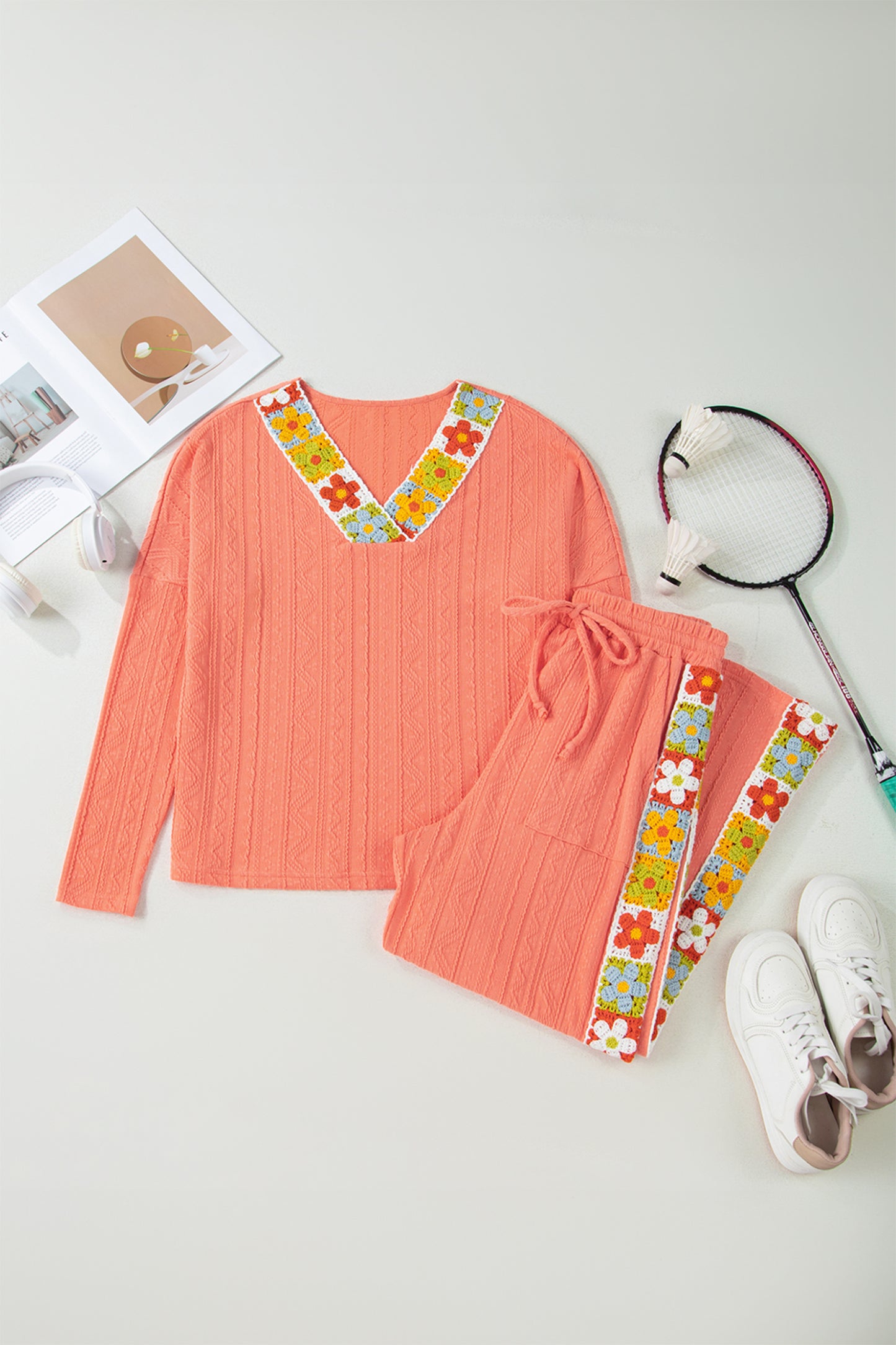 Grapefruit Orange Crochet Floral Accent V Neck Textured Pants Set