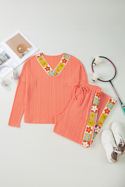 Grapefruit Orange Crochet Floral Accent V Neck Textured Pants Set
