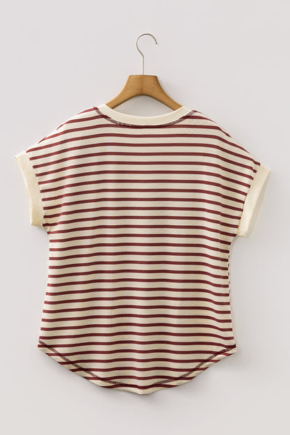 Red Stripe Half Buttons Round Neck T Shirt