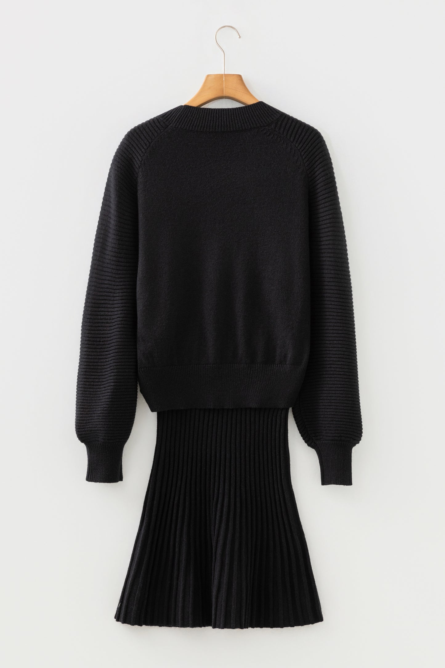 Black High Neck Puff Sleeve Sweater Pleated Mini Skirt 2pcs Knitted Outfit