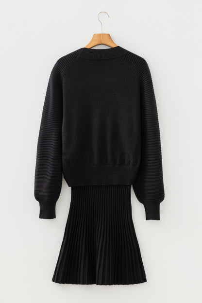 Black High Neck Puff Sleeve Sweater Pleated Mini Skirt 2pcs Knitted Outfit