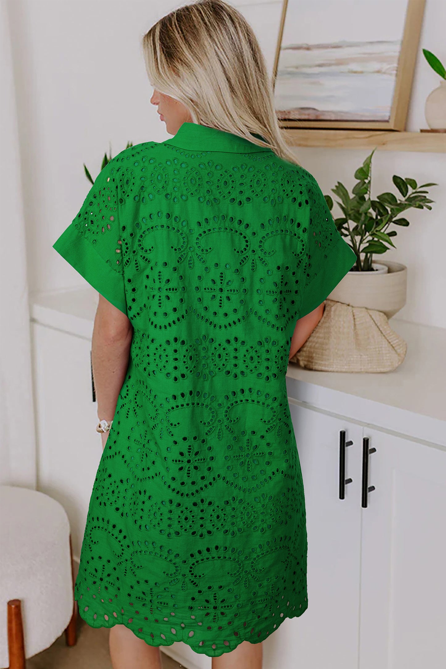 Green Solid Color Eyelet Embroidered T Shirt Mini Dress