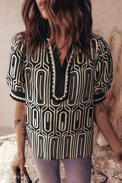 Black Geometric Print Contrast Scallop Color Block Patchwork Short Sleeve Blouse