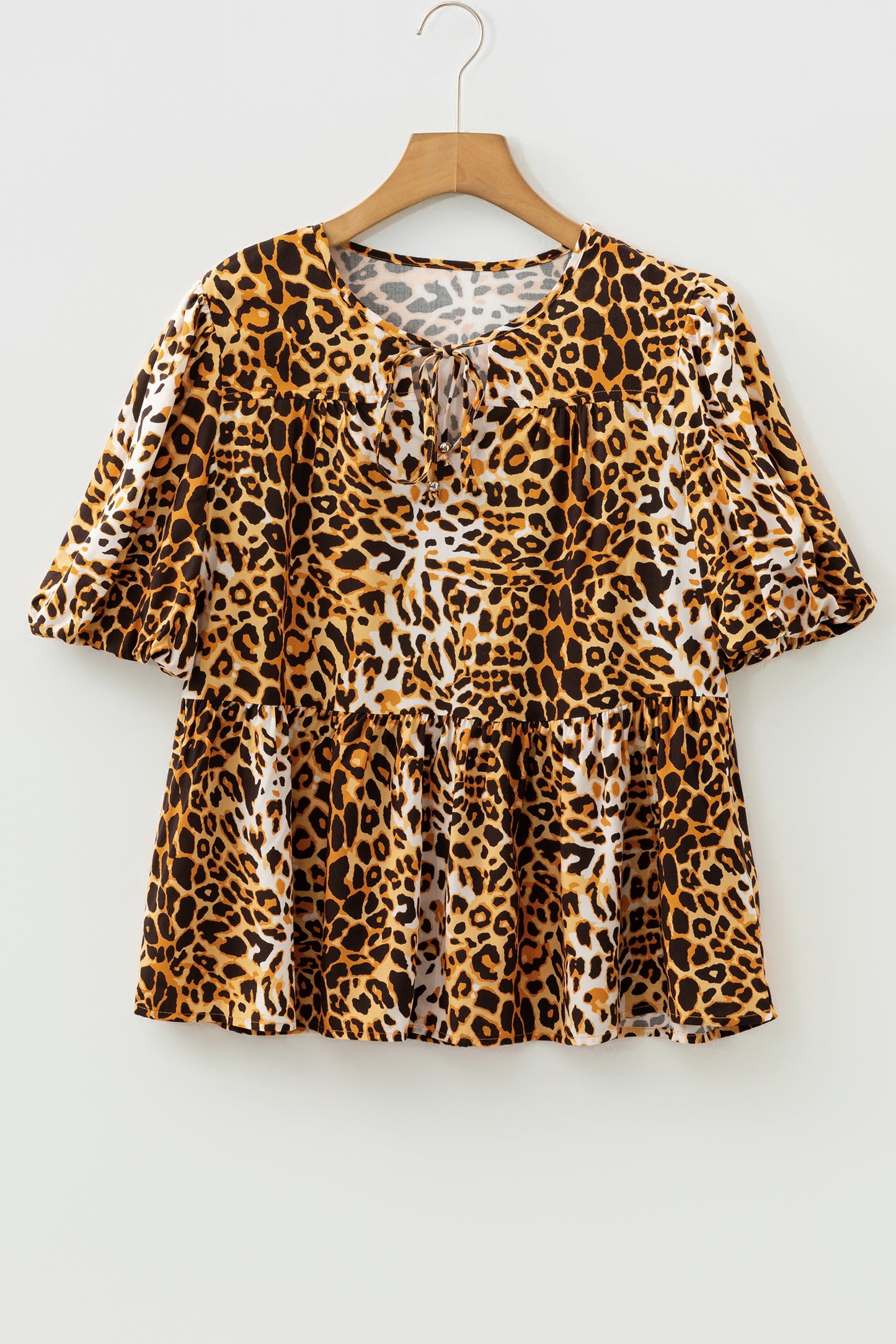 Leopard Print Short Puff Sleeve Slit Neck Babydoll Blouse