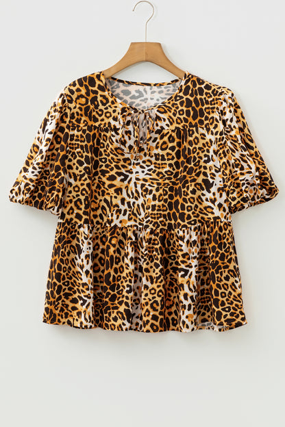 Leopard Print Short Puff Sleeve Slit Neck Babydoll Blouse