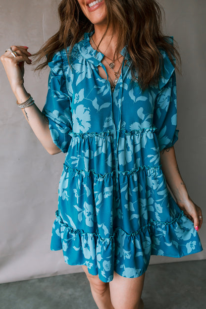 Blue Floral Ruffled Tiered Mini Dress