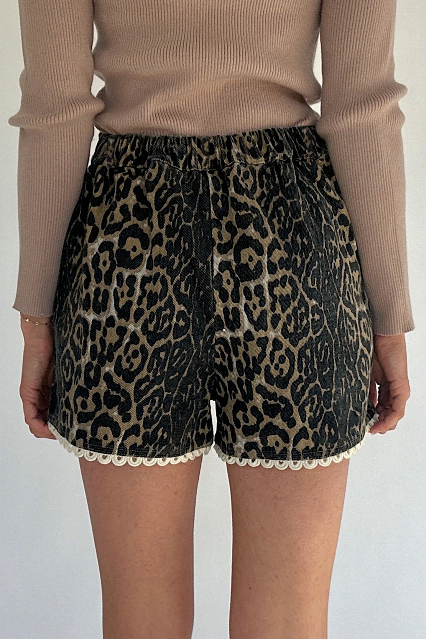 Khaki Contrast Scalloped Lace Trim Leopard Denim Shorts