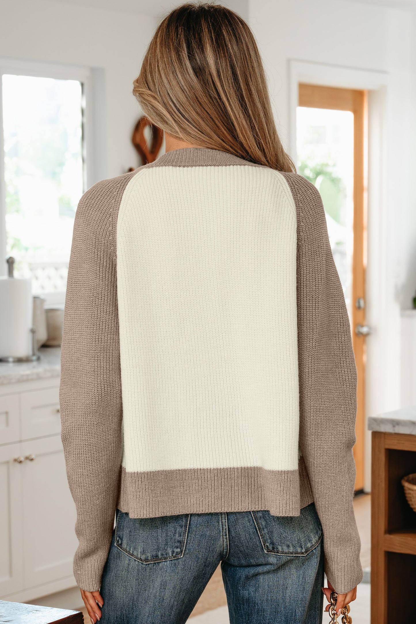 White Color Block Ribbed Knit Button Down Sweater Cardigan