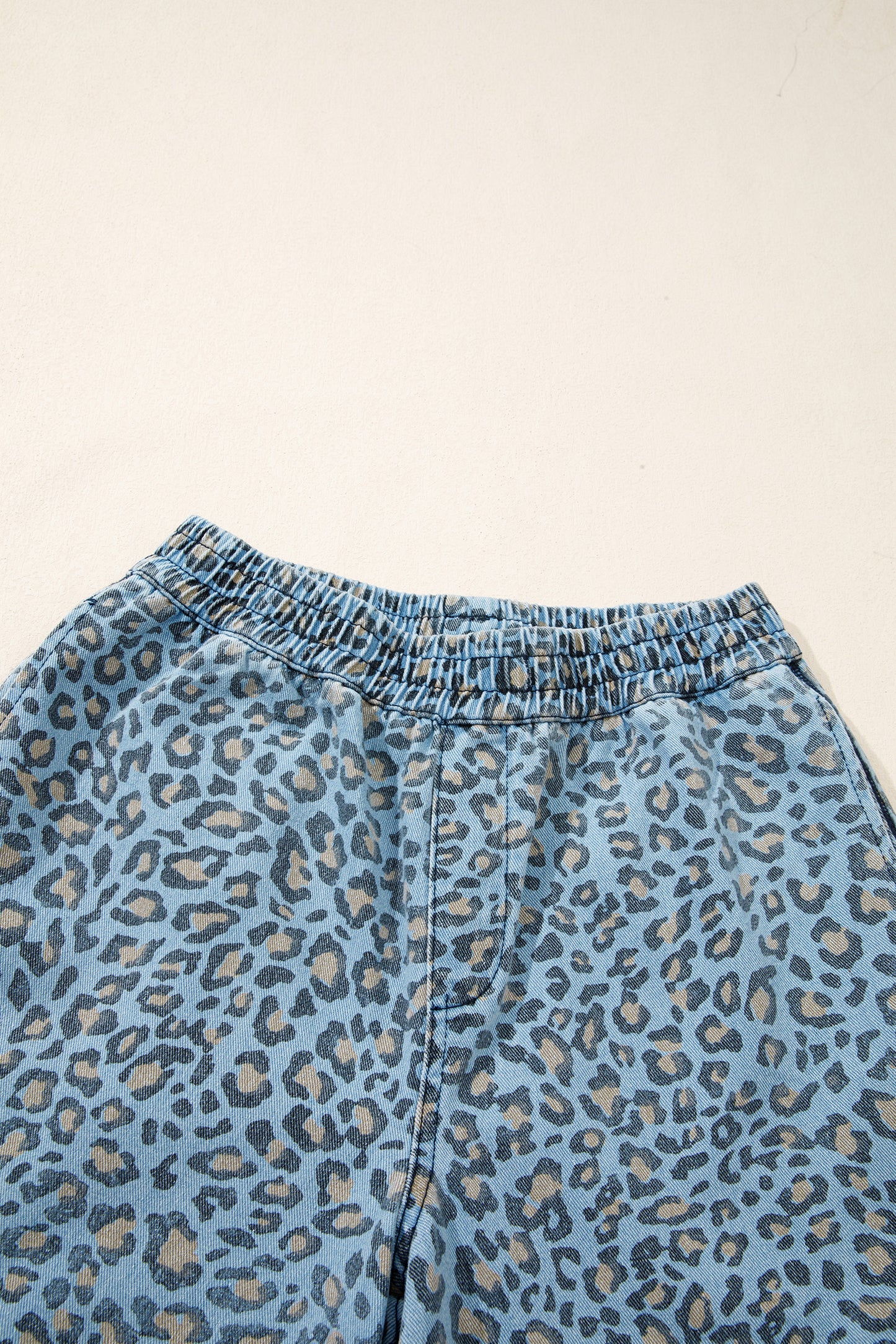 Blue Leopard Print Exposed Seam Detail Wide Leg Drawstring Jeans